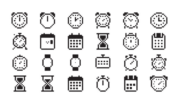 Collection of various timekeeping instruments and calendar icons in simple pixel art style.