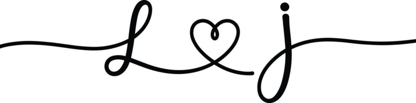 Continuous line drawing of monogram letters L and J connected with heart, romantic wedding couple initials graphic illustration