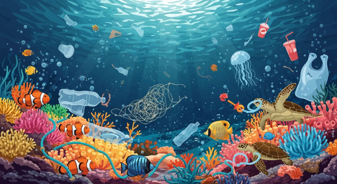 Ocean pollution with fish coral and plastic waste underwater