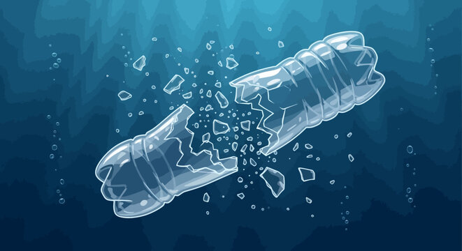 Plastic bottle exploding underwater with pieces and bubbles