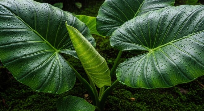 Close Up of Large Elephant Ear Plant Leaves with Water Droplets