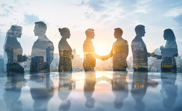 AI generated double exposure business people handshake over city skyline symbol partnership teamwork collaboration corporate success networking global business growth