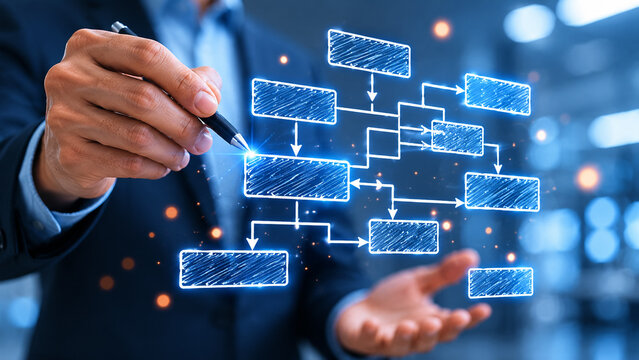 AI generated hand interacting digital flowchart diagram representing business process management workflow automation planning strategy organizational structure modern technology environment