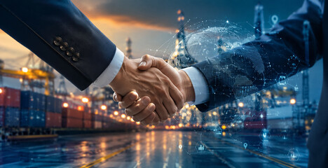 Fototapeta premium AI generated handshake between business partners global network overlay cargo port background symbol international trade logistics cooperation supply chain corporate partnership