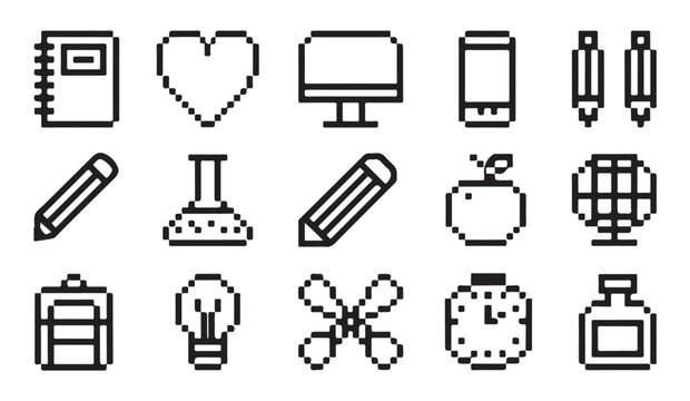 Pixel art school supplies collection of notebook heart monitor phone pens pencil apple.