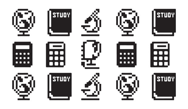 Pixel art study icons featuring globe notebook microscope and calculator design elements.