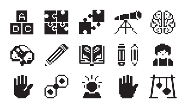 Pixel art learning elements set with alphabet blocks puzzle pieces telescope brain hand.