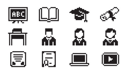 Pixel art school and education icon set for students including blackboard book graduate. © MDIKRAM