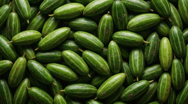 A dense pile of fresh green ivy gourds with distinct light green stripes covering the entire frame