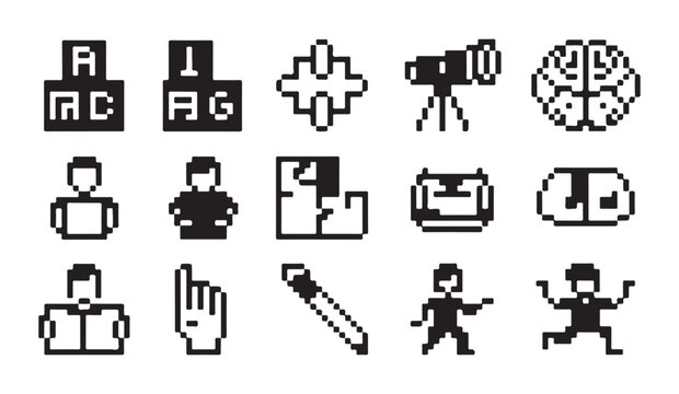 Scientific and academic pixel art icons featuring telescope brain and learning symbols set.