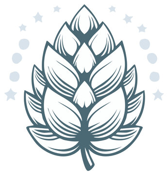 Stylized botanical illustration of a hop cone with decorative stars and circles