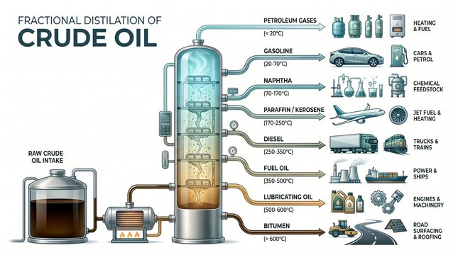 Detailed diagram illustrating the fractional distillation process of crude oil, showing various refined products and their applications.
