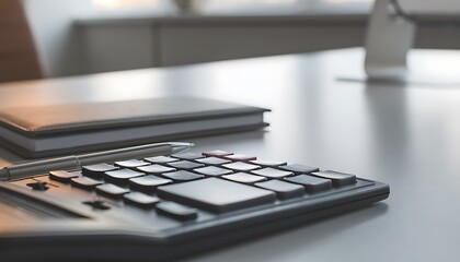 Fototapeta premium A close-up view of a black keyboard on a gray table in an office setting with a book and a white object.