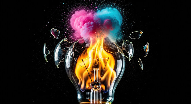 Exploding light bulb with fire and colorful smoke, shattered glass shards from burning lightbulb, creative idea concept on black background