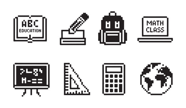 Pixel art school icons set featuring educational tools like books and stationery objects.
