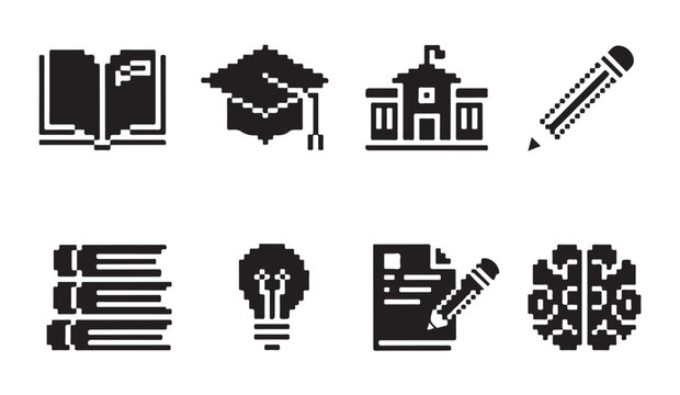 Academic learning and school knowledge pixel art icons for educational project design assets.