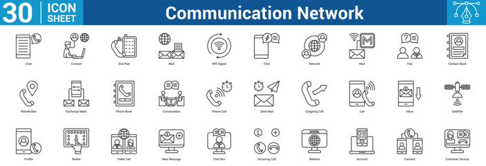 Communication Network editable icon set vector illustration concept for business with icon of Chat, Contact, Dial Pad, Mail, Wifi Signal, Chat, Network, Mail, Faq, Contact Book, Placeholder, Exchang. © Jackcuan