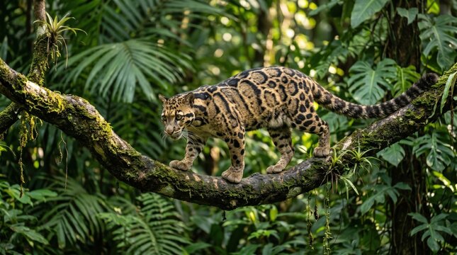 Clouded leopard walking gracefully along a mossy tree branch in the dense tropical rainforest jungle, wild cat predator hunting in its natural habitat