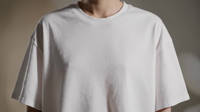 Close-up of a person wearing a plain white t-shirt, showcasing casual fashion and comfort.