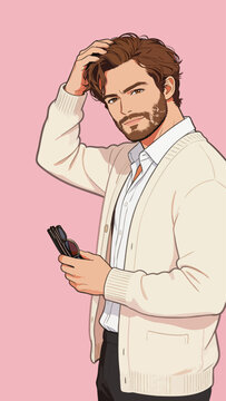 Stylish illustrated adult man posing with sunglasses and cardigan