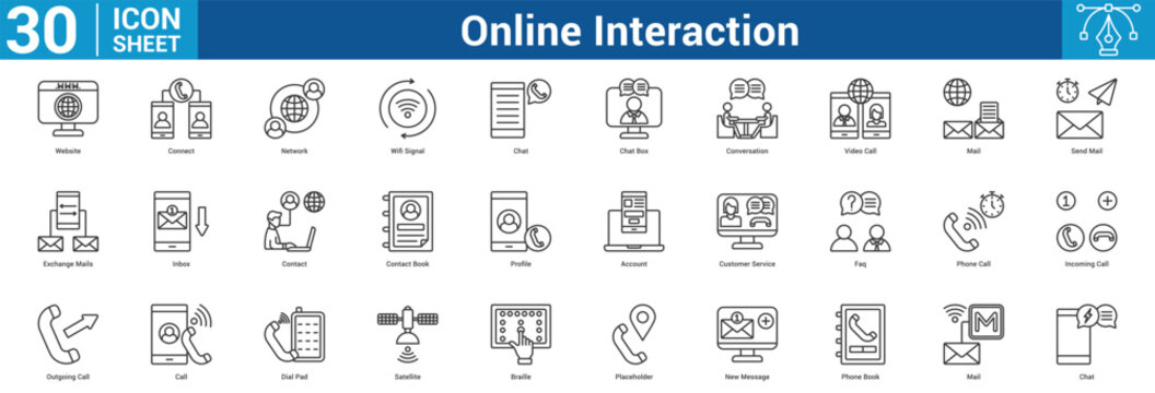 Online Interaction editable icon set vector illustration concept for business with icon of Website, Connect, Network, Wifi Signal, Chat, Chat Box, Conversation, Video Call, Mail, Send Mail, Exchang.