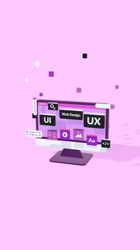 Vertical animated UX, UI design concept featuring computer monitor with modern web elements illustrating web development process, user interface design, and digital product workflow.