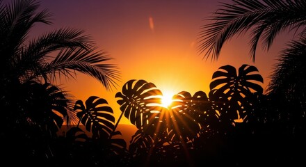 Obraz premium Tropical Leaves Silhouetted Against a Fiery Sunset