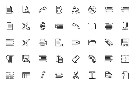 Text editor icon set. Minimal thin line icons. Featuring Bold, Italic, Underline, Strikethrough, Font, Save, Printer, Export, Copy, Paste, Undo, Redo, Link, Table, and more. Editable stroke.
