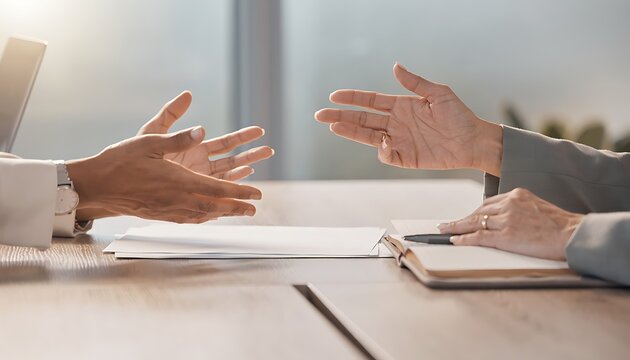Two business people discuss documents and ideas across a wooden office desk with hands extended