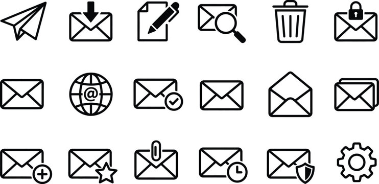 Set of black and white line email and communication featuring envelopes paper plane trash can globe with at symbol and gear settings symbol on a white background
