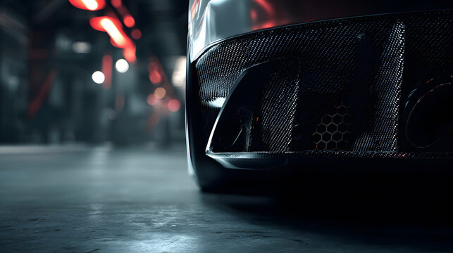 Close up of a sleek modern sports car rear bumper with carbon fiber grille and exhaust pipes in a dimly lit garage with red lights