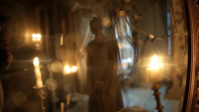 Ghostly woman reflected in a cracked antique mirror with candles in a dark haunted mansion.