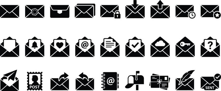 Set of black flat depicting various email and postal communication symbols including envelopes with locks clocks stars hearts checkmarks arrows and mailboxes on a white background