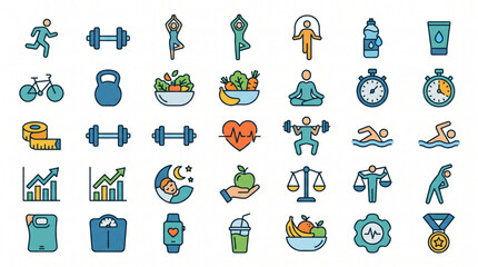 Fototapeta premium Fitness and wellness icon set isolated on white background, healthy lifestyle vector collection