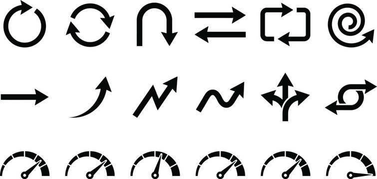 Set of black silhouette featuring various arrow shapes circular refresh symbols spiral paths straight and wavy directional pointers and multiple speedometer gauges on a white background