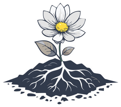Single white flower sprouting in dark soil with visible root system for growth concept