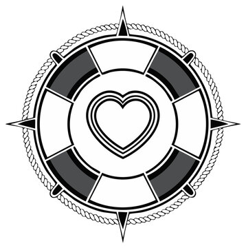 Nautical Compass Rose with Lifebuoy and Heart Symbol