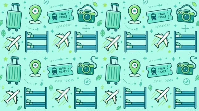 Travel and vacation seamless pattern with icons of suitcase airplane train ticket camera and bunk beds vector illustration