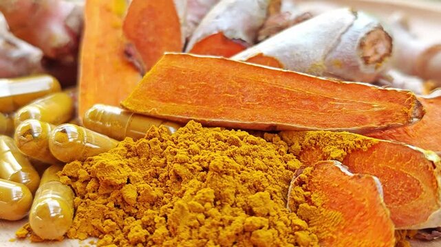 Turmeric capsules, powder and roots.