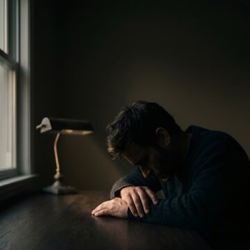 Depressed man resting head on arms at dark desk, severe burnout and mental health crisis concept