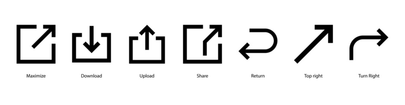 Sharing and Return web banner icon vector illustration featuring Maximize, Download, Upload, Share, Return, Top right, and Turn Right.