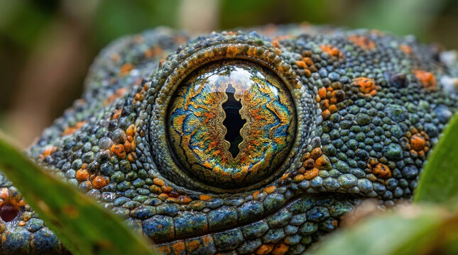 Macro Tokay Gecko eye close up, detailed lizard skin texture with orange spots, exotic reptile iris and vertical pupil, wildlife photography