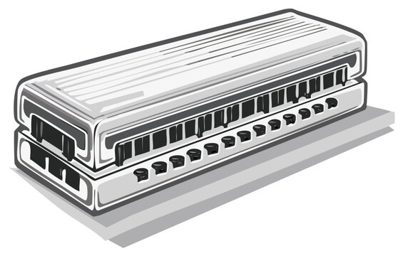 Illustration of a harmonica, a wind instrument, isolated on shadow.