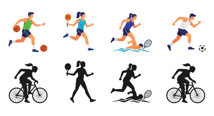 Obraz premium Diverse Sports Activities: People Playing Basketball, Tennis, Swimming, Running, Cycling, Soccer