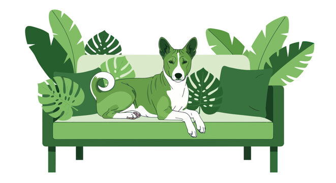 Green Basenji Dog Relaxing on Sofa Surrounded by Tropical Leaves