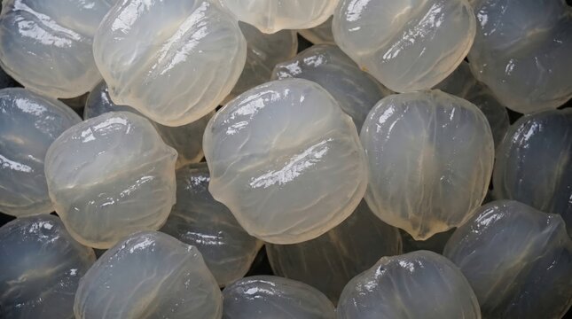 Close up macro view of translucent pale white palmyra palm fruit seeds with visible fibrous texture and subtle grey shadows