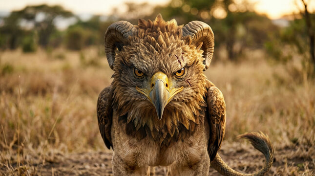 Mythical griffin creature with ram horns, majestic fantasy hybrid beast in savanna landscape, cinematic eagle-headed monster with lion features