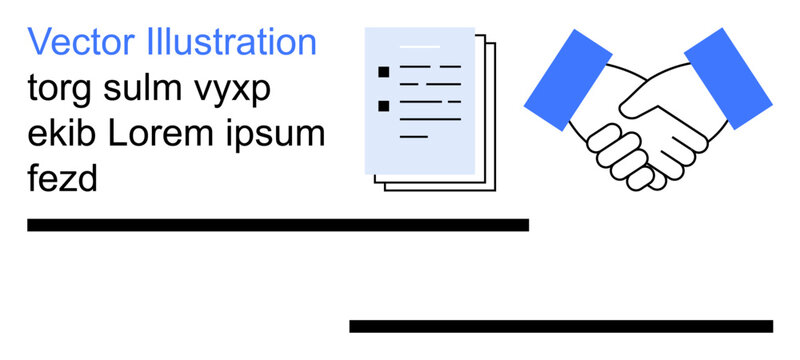 Business negotiation, partnership, cooperation, agreement, teamwork, dealmaking. A handshake beside a stack of documents. Business negotiation and partnership concept