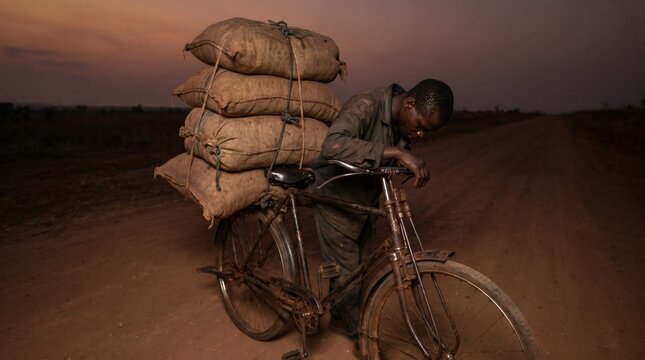 Exhausted African farmer resting on heavily overloaded bicycle with burlap sacks at dusk, rural poverty concept