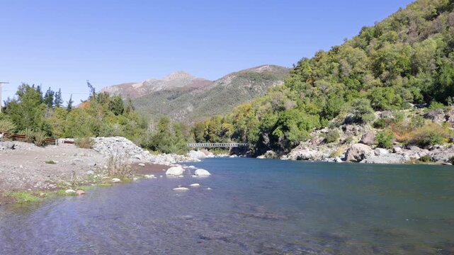 Parral, Maule Region - May 9, 2026: La Balsa sector, in the Parral mountain range, where the Longavi River flows through a valley surrounded by mountains and native forest.